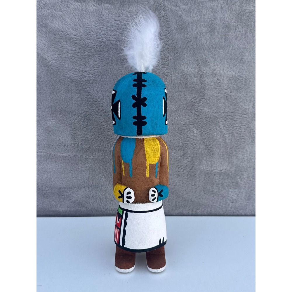Aya Rattle Runner Wooden Kachina Doll Southwest Folk Art Blue Head Feather 9"